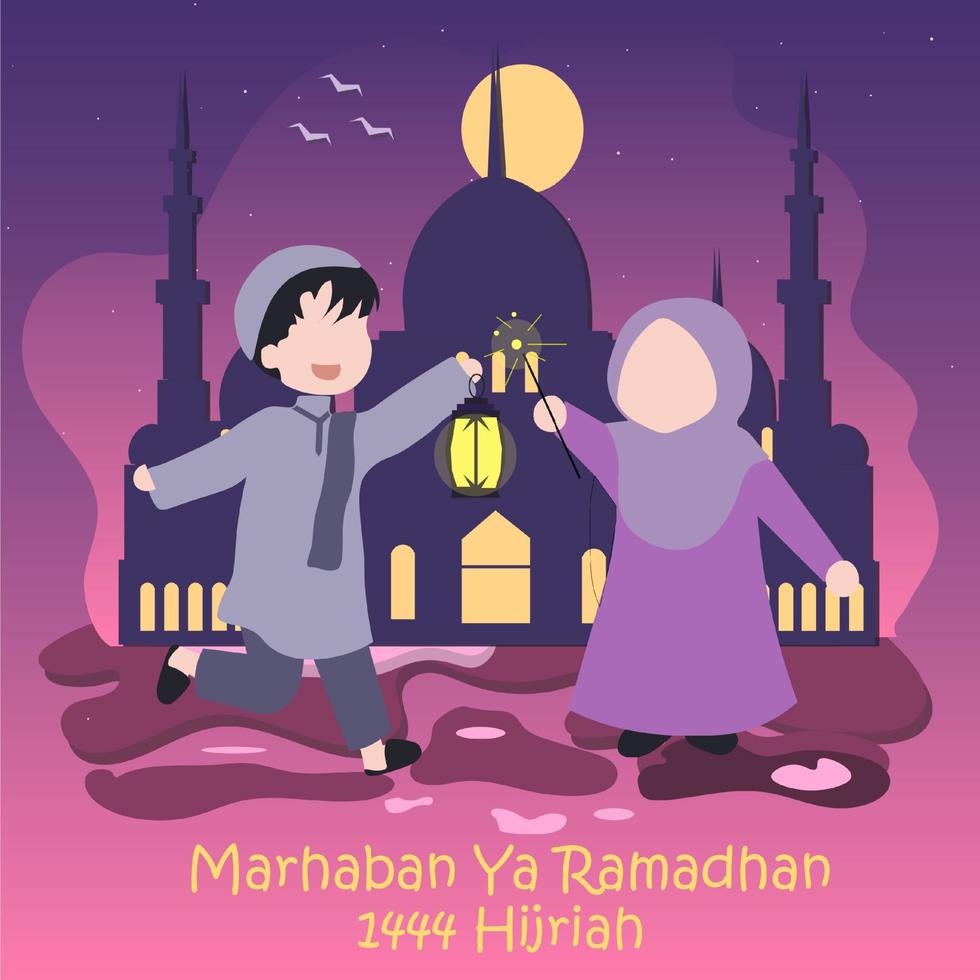 marhaba ya Ramadhan Ramadan kareem Kinder spielen mit wenig Feuerwerk beim Nacht, Aktivität im Ramadhan vektor