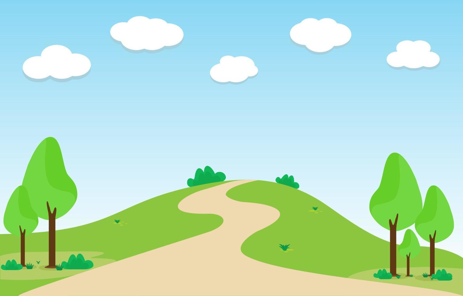 grön landskap scen natur, solig dag i sommar med moln och kulle. vektor illustration platt design element för hemsida eller app