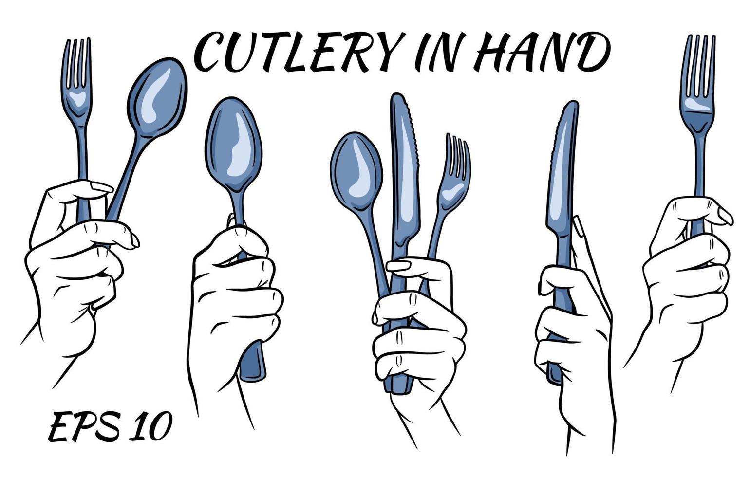 bestick. gaffel, sked och kniv i handen. tecknad stil. en restaurang. vektor