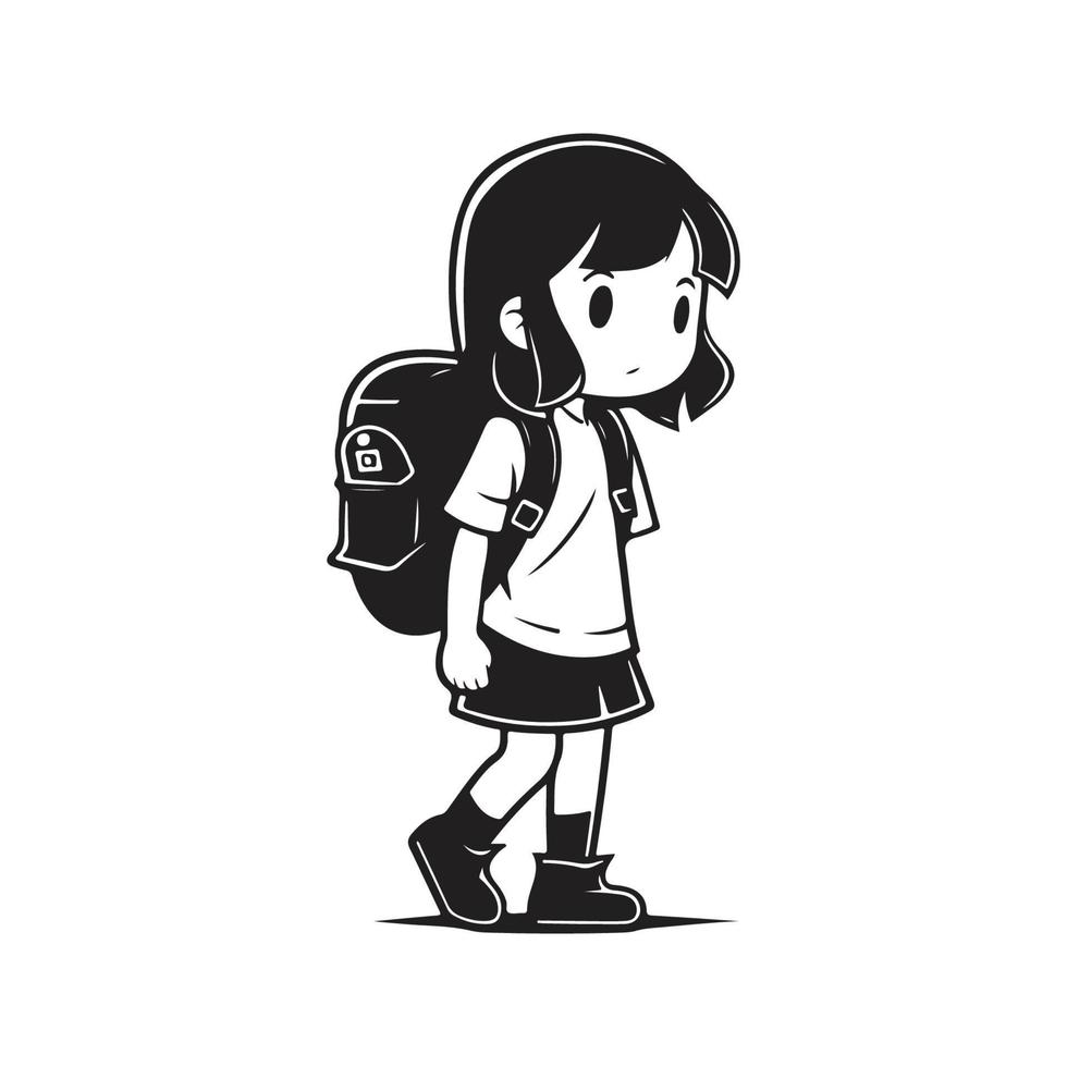flicka med en ryggsäck, logotyp begrepp svart och vit Färg, hand dragen illustration vektor