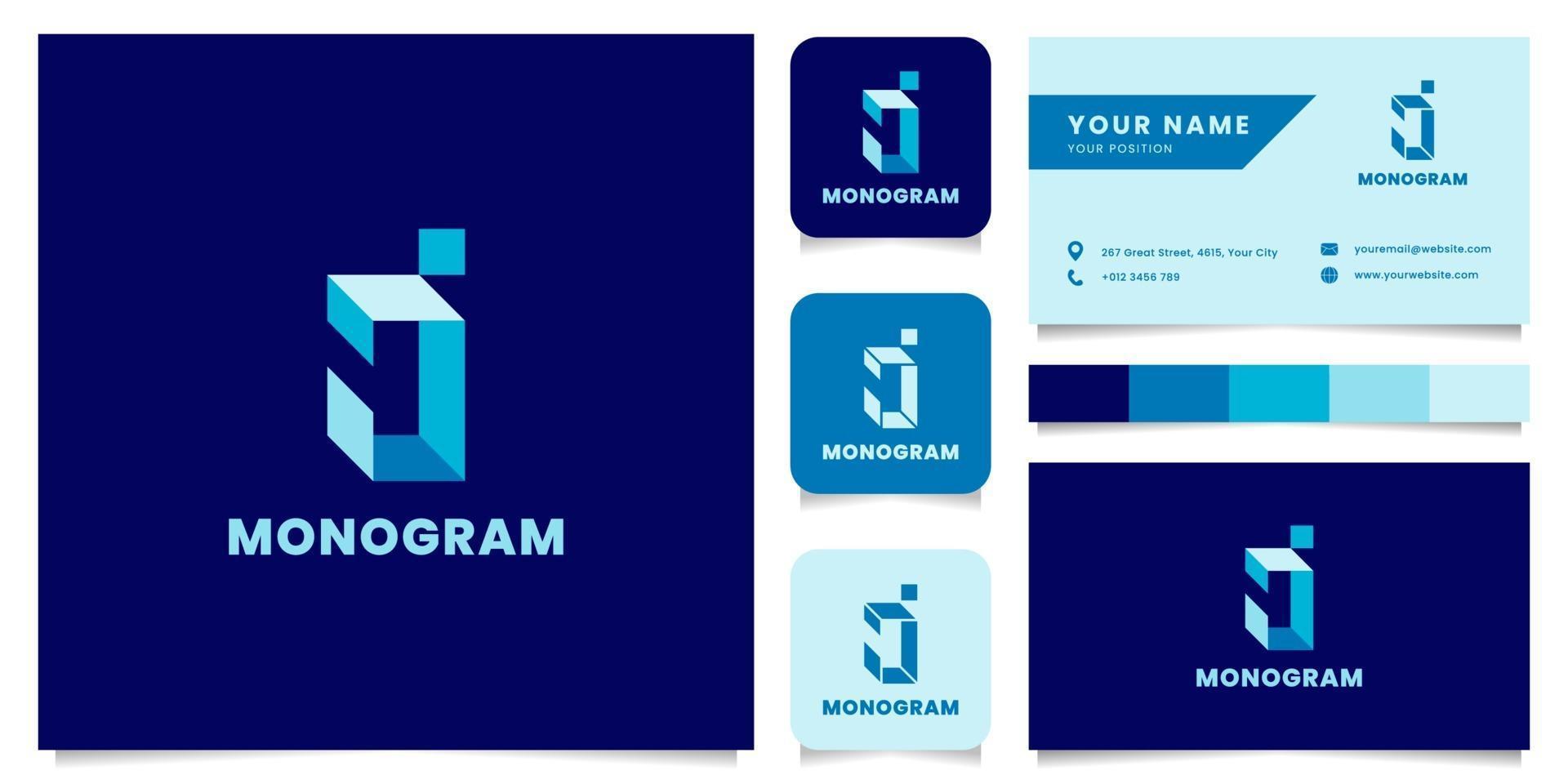 einfaches und minimalistisches blaues isometrisches Buchstaben-j-Logo mit Visitenkartenschablone vektor