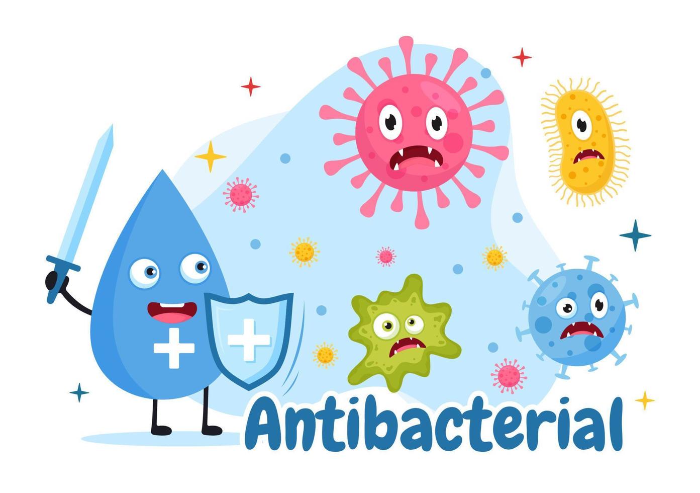 antibakteriell illustration med tvättning händer, virus infektion och mikrober bakterier kontrollera i hygien sjukvård platt tecknad serie hand dragen mallar vektor