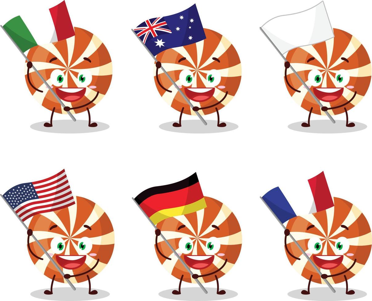 spiral godis tecknad serie karaktär föra de flaggor av olika länder vektor