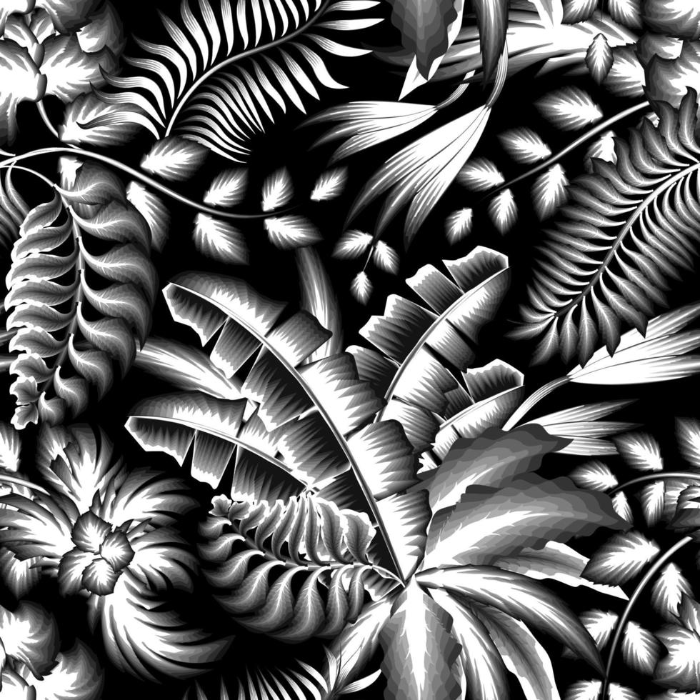 natt djungel illustration sömlös mönster med tropisk löv och växter lövverk på mörk bakgrund. interiör dekoration. naturlig bakgrund. årgång färger bakgrund. exotisk tapet. skog vektor