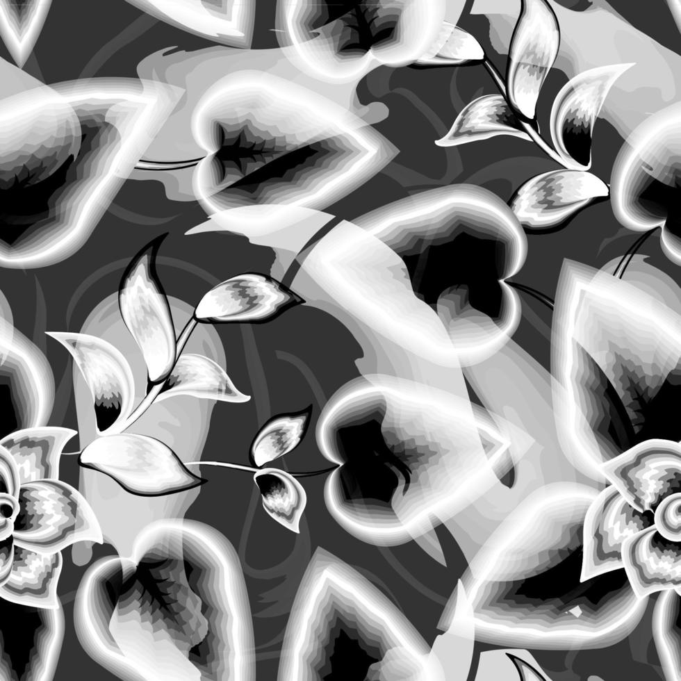 abstrakt sömlös mönster med årgång tropisk löv och växter på svart bakgrund. vektor design. djungel skriva ut. blommig bakgrund. utskrift och textilier. årgång exotisk tropikerna. sommar design.