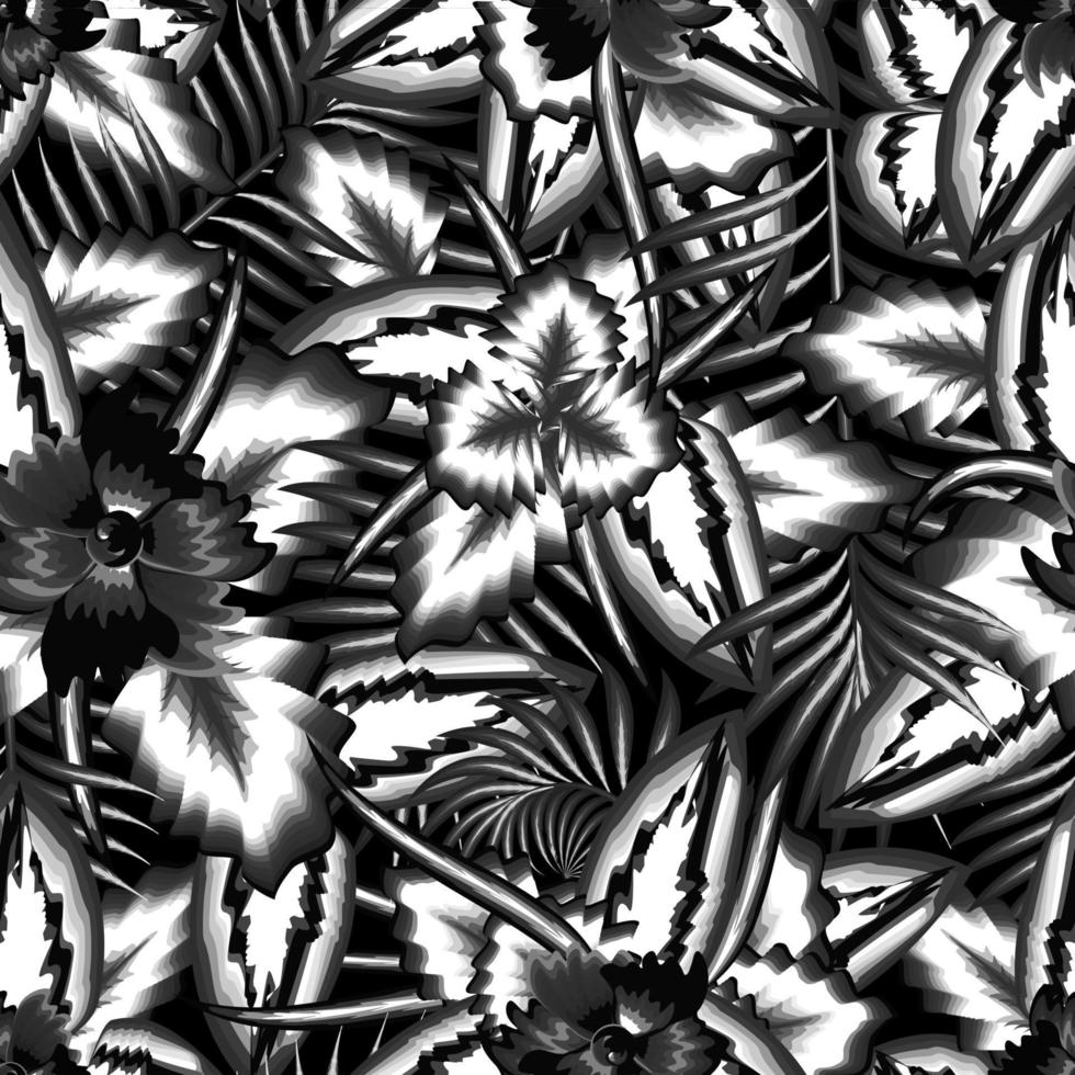 exotisk tropisk bakgrund sömlös mönster med årgång natur löv och blommig växt lövverk på mörk bakgrund. blommig bakgrund. handflatan blad prydnad. sommar design. botanisk konst. höst mönster vektor