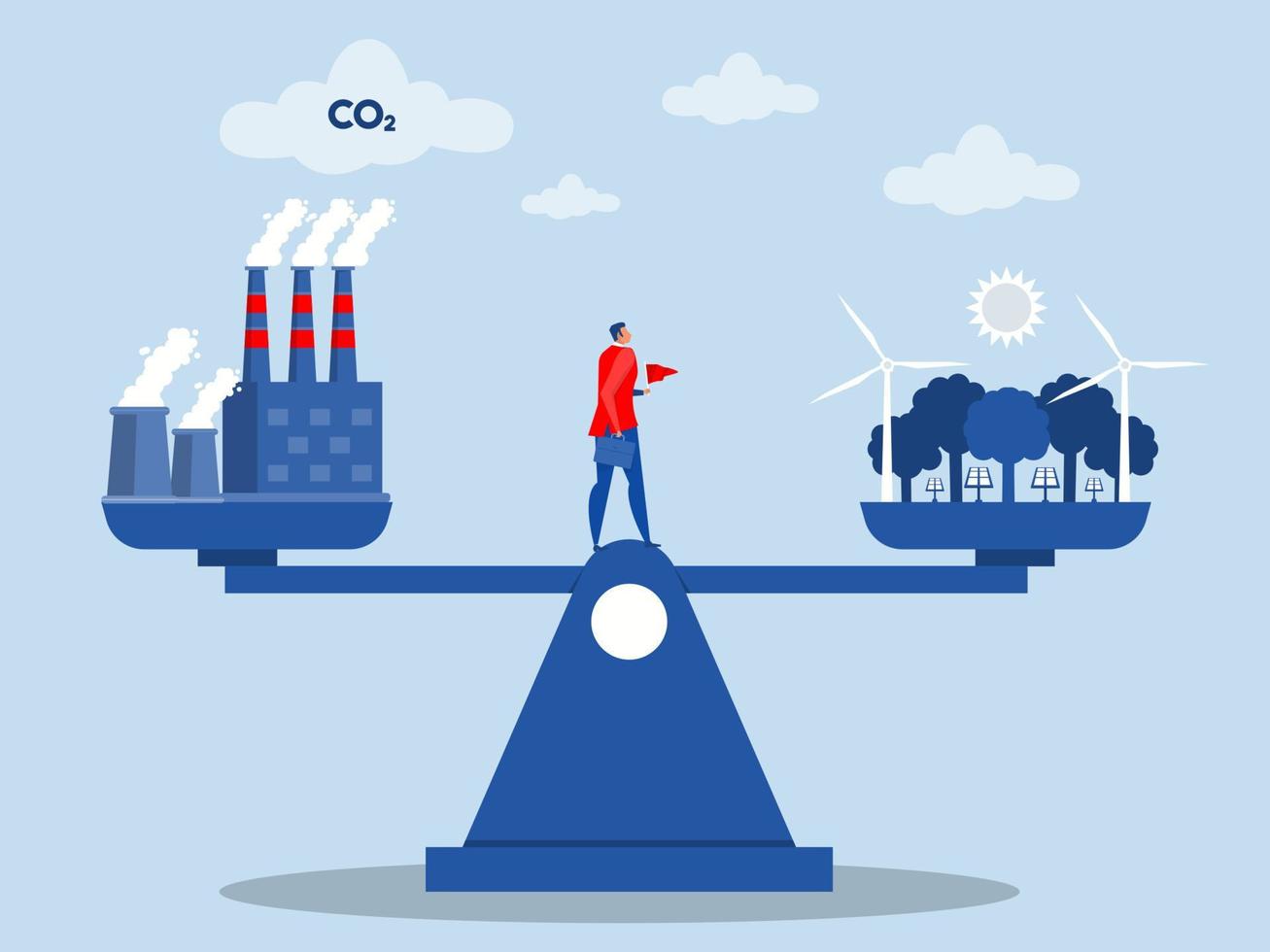 Geschäftsmann investieren mit Waage mit umweltfreundlich und Fabrik. Kohlenstoff Dioxid neutral Gleichgewichtsvektor Illustration vektor