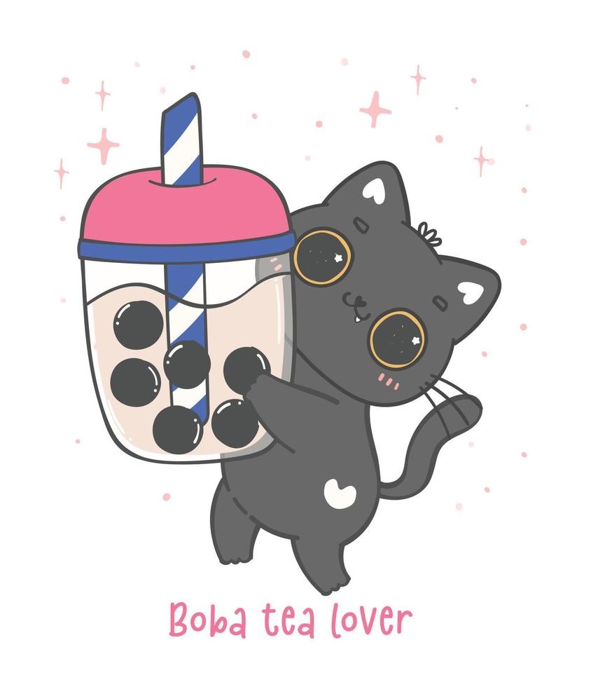 kawaii schwarz Kätzchen Katze Umarmung Blase Milch Tee Tasse, Boba Katze Liebhaber, bezaubernd Karikatur Tier Dodol Hand Zeichnung vektor