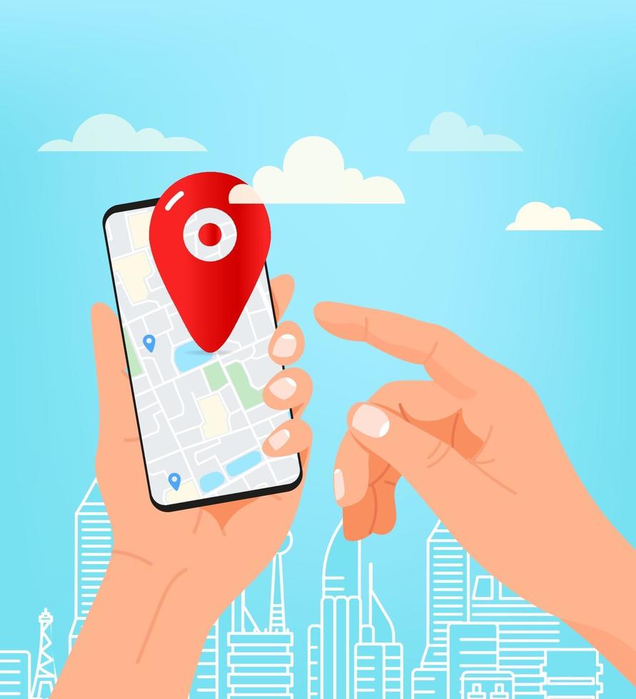 man med modern smartphone. med hjälp av mobilapp för navigering vektor