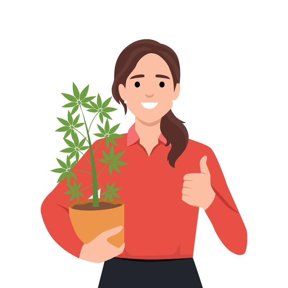 kvinna innehav cannabis växt i pott och ger tumme upp som hon är stödjande de använda sig av av cannabis. ogräs eller marijuana vektor
