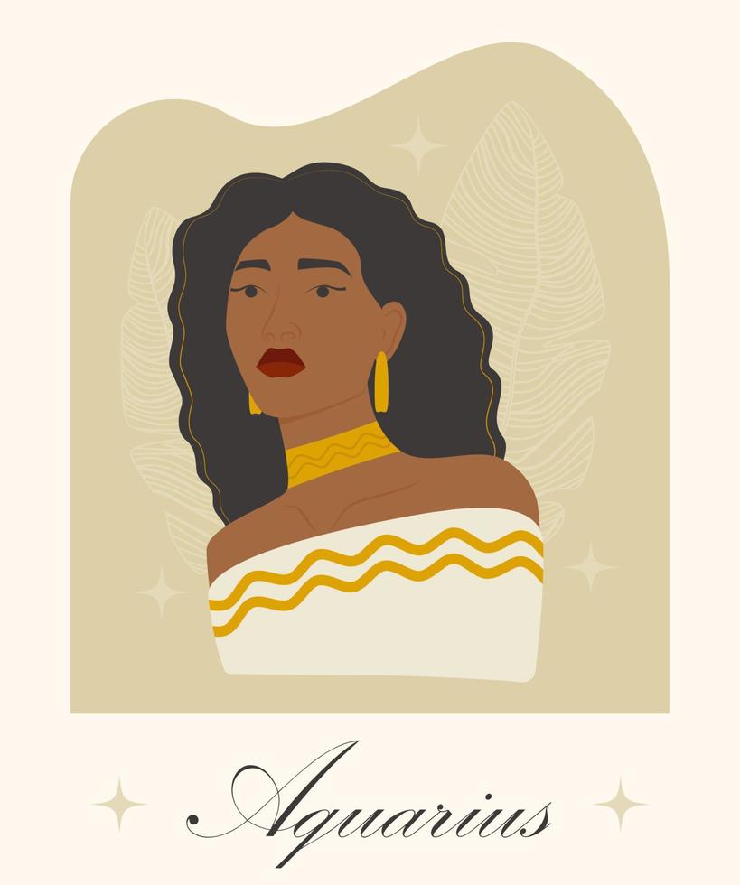 Wassermann Tierkreis Zeichen schwarz Frau Karikatur Illustration. Afroamerikaner Dame im Beige Kleid astrologisch Symbol. Charakter Vorlage zum Werbung, Animation, drucken vektor