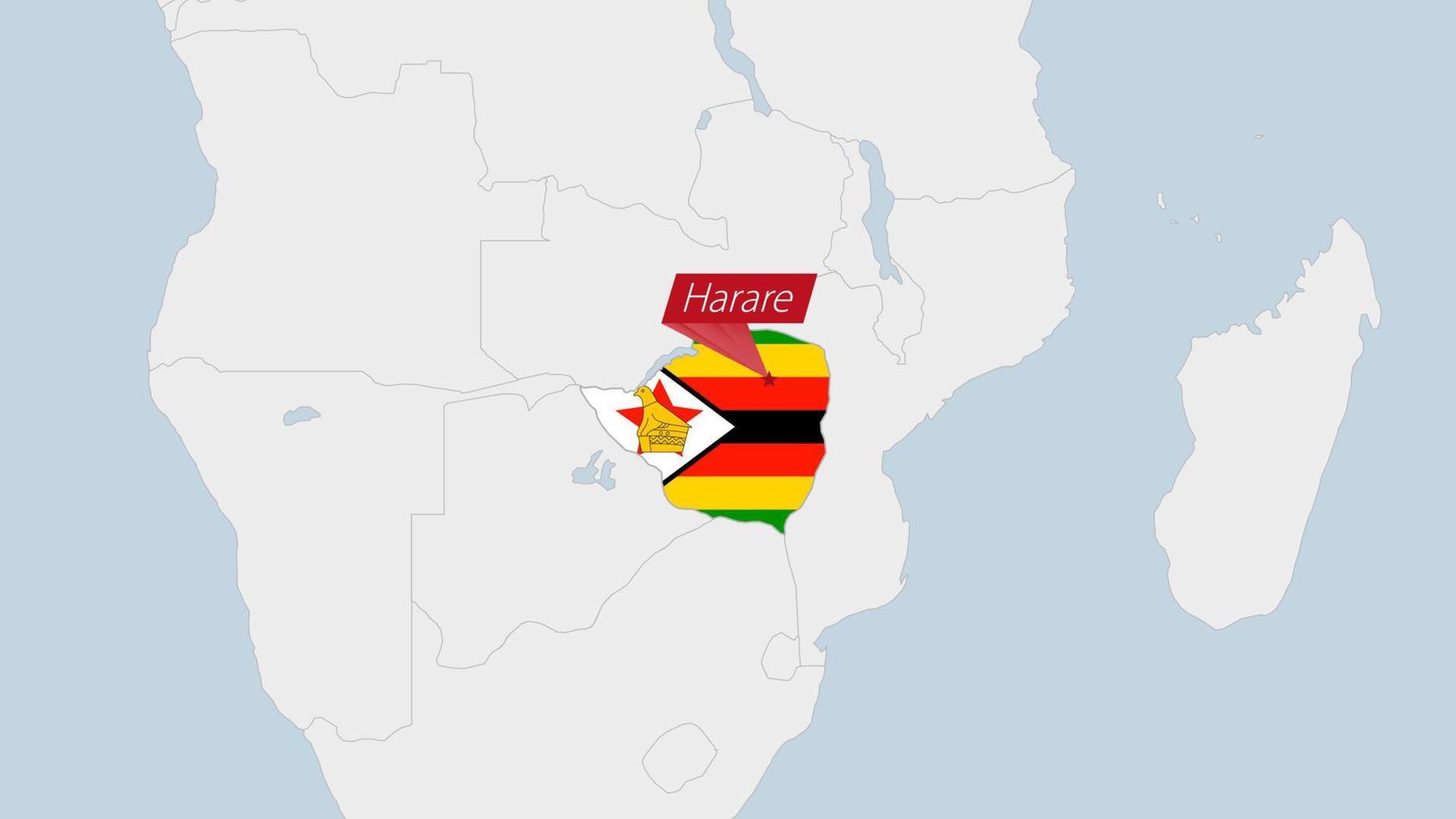 Zimbabwe Karte hervorgehoben im Zimbabwe Flagge Farben und Stift von Land Hauptstadt harre. vektor