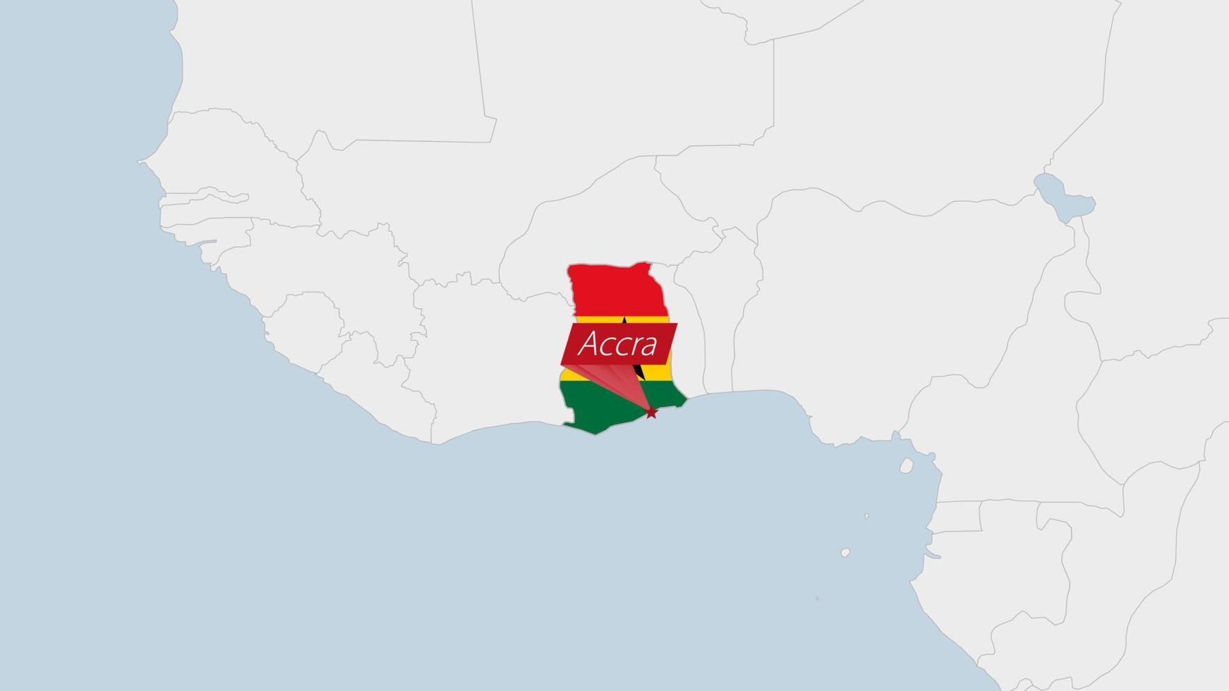 Ghana Karte hervorgehoben im Ghana Flagge Farben und Stift von Land Hauptstadt Accra. vektor