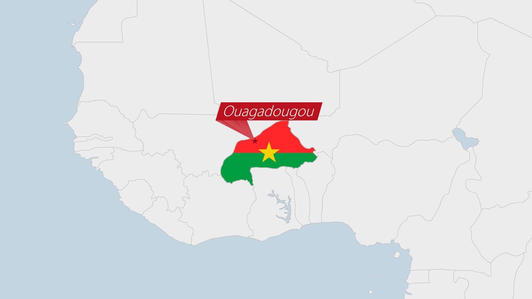 Burkina Faso Karte hervorgehoben im Burkina Faso Flagge Farben und Stift von Land Hauptstadt Ouagadougou. vektor