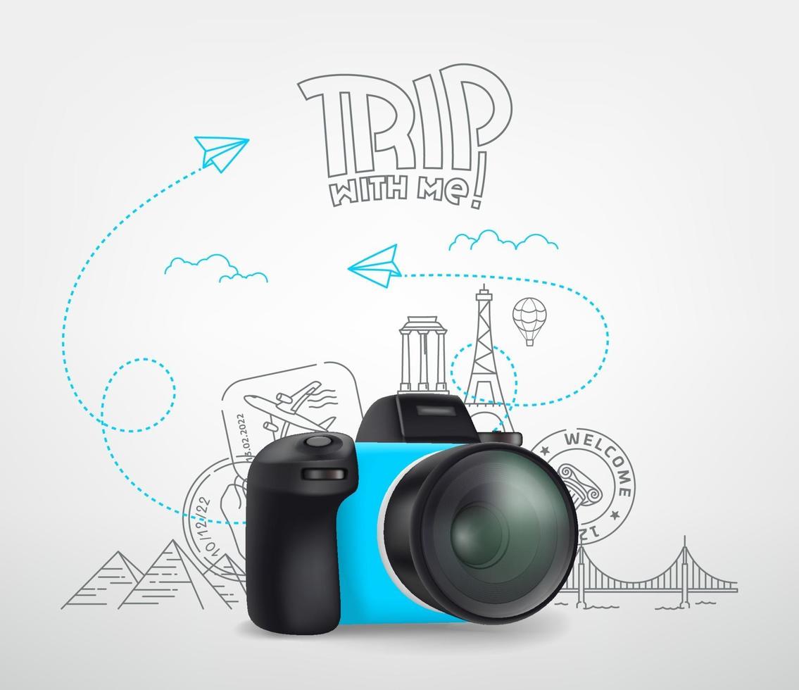 Weltreisekonzept mit Digitalkamera und Logo. Reise mit mir vektor