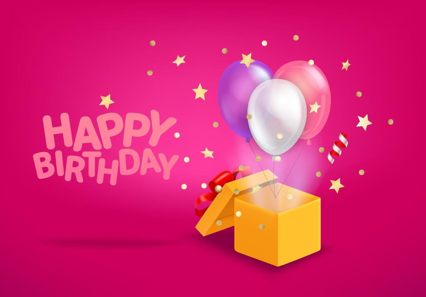 Grattis på födelsedagen vektor banner. öppnad låda med luftballonger och konfetti