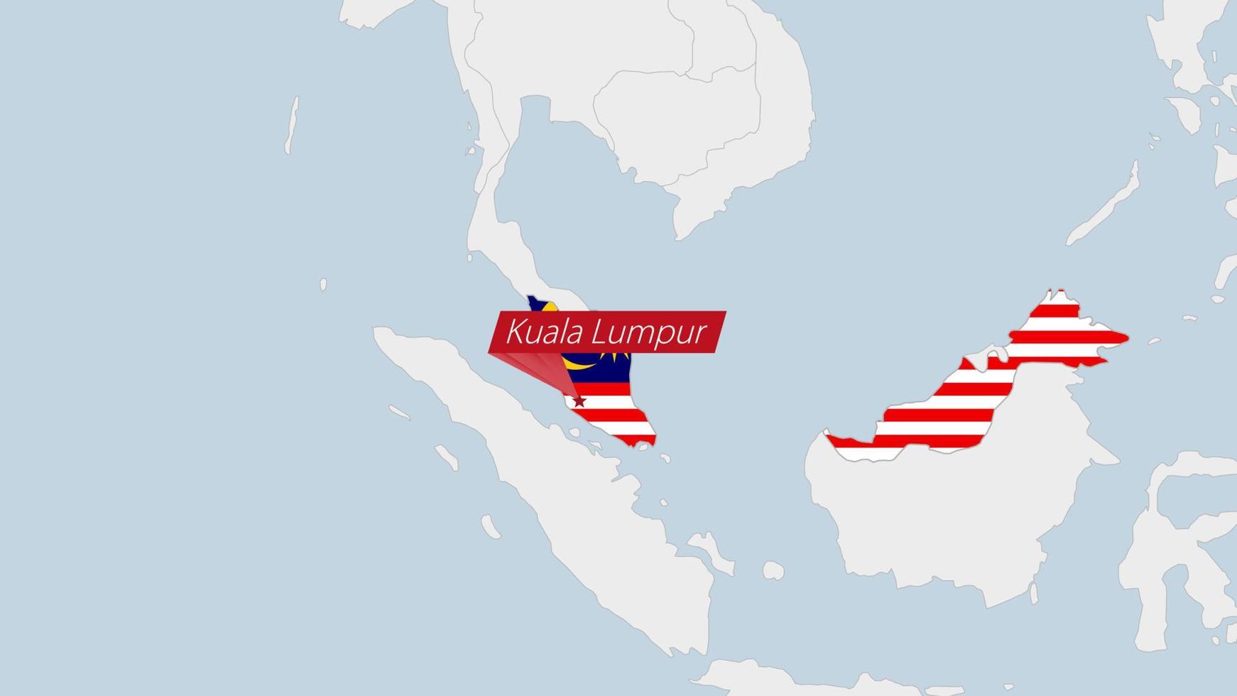 malaysia Karta markerad i malaysia flagga färger och stift av Land huvudstad kuala lumpur. vektor