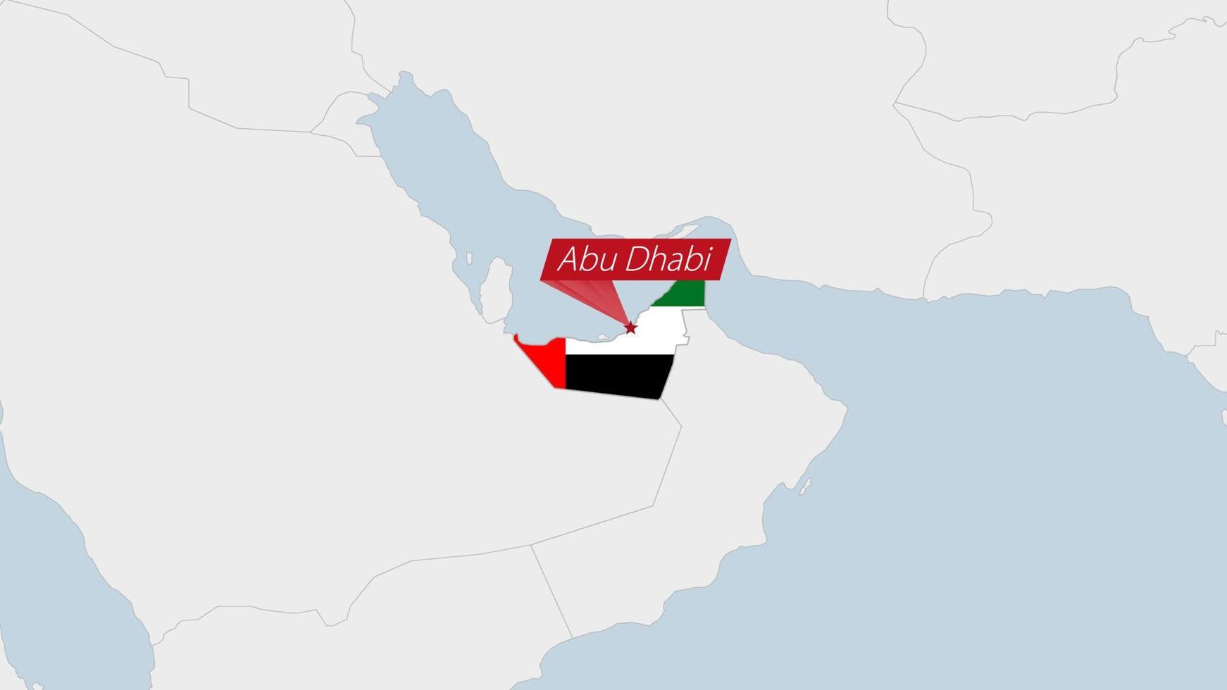 förenad arab emirates Karta markerad i uae flagga färger och stift av Land huvudstad abu dhabi. vektor