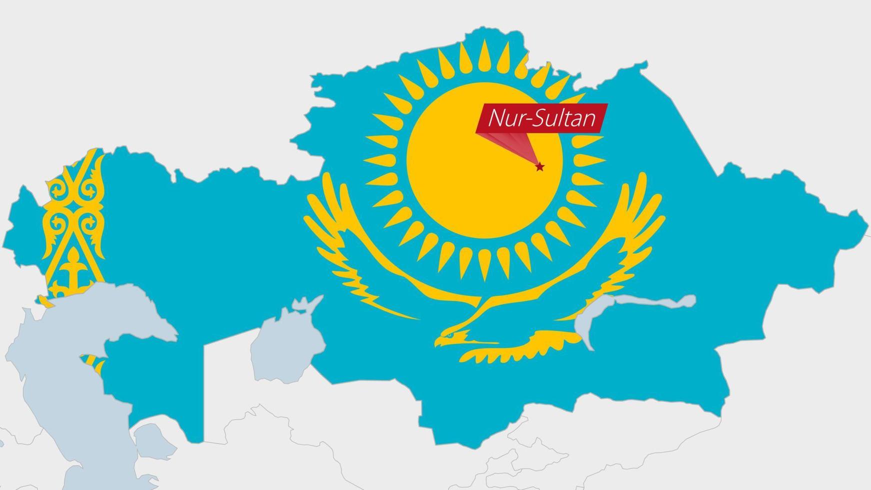 kazakhstan Karta markerad i kazakhstan flagga färger och stift av Land huvudstad nur-sultan. vektor