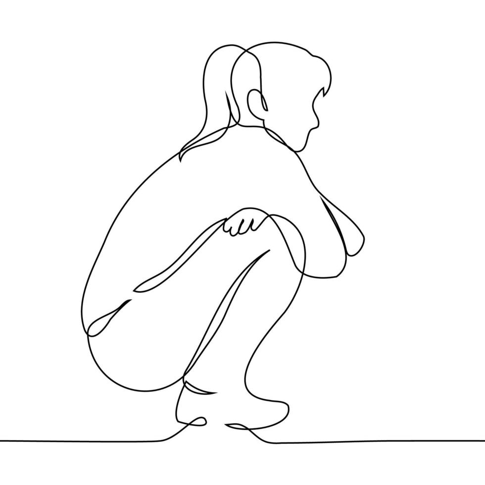 hukande kvinna silhuett - ett linje teckning vektor. begrepp till vara ledsen ensam, ingenstans till sitta vektor