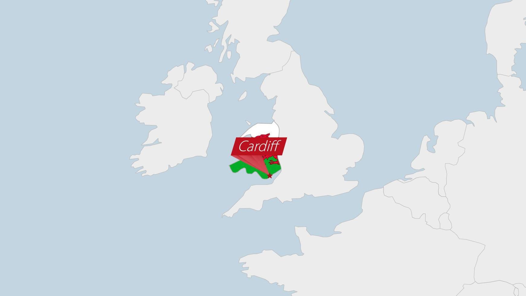 wales Karta markerad i wales flagga färger och stift av Land huvudstad cardiff. vektor