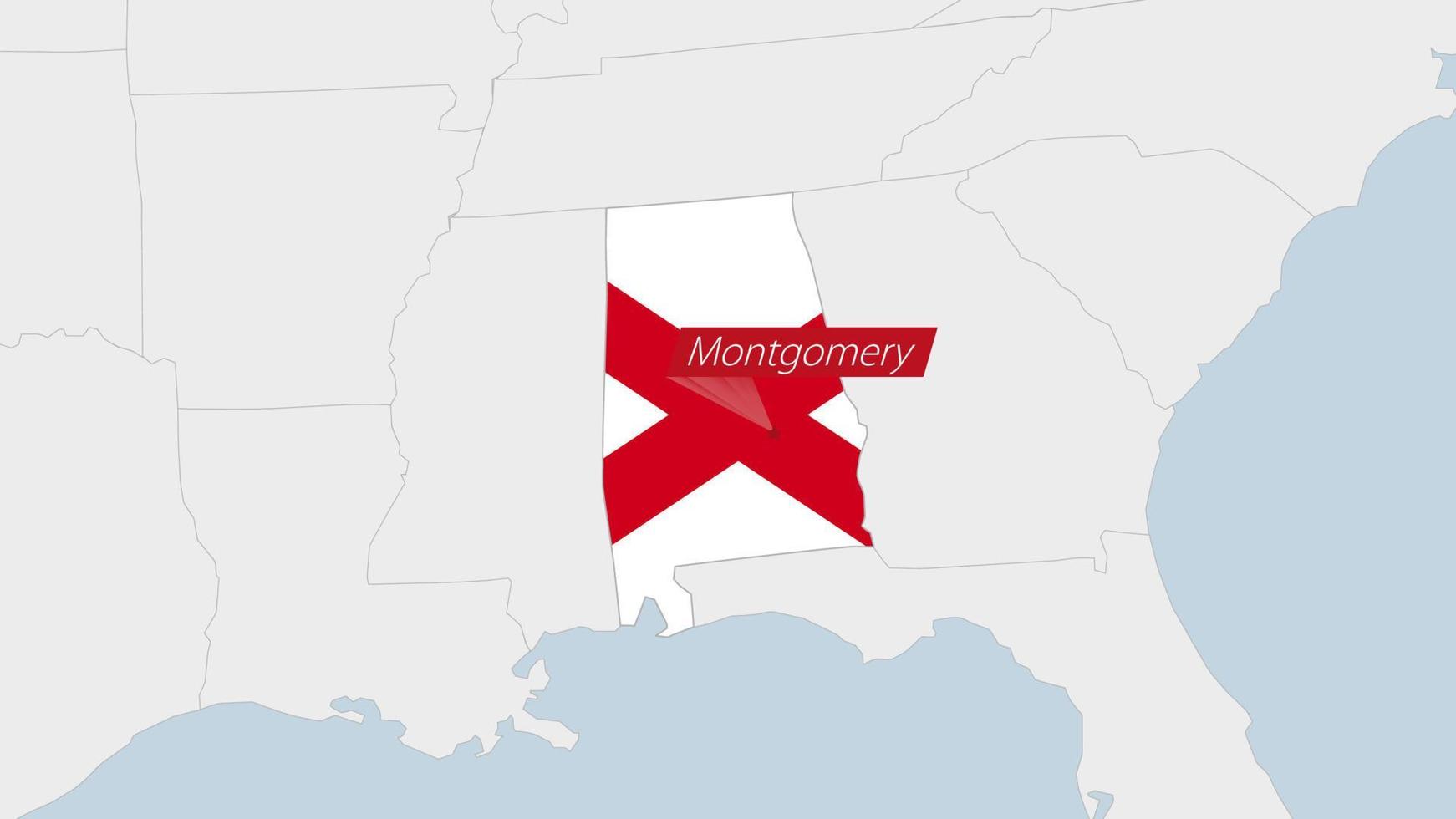 oss stat alabama Karta markerad i alabama flagga färger och stift av Land huvudstad montgomery. vektor