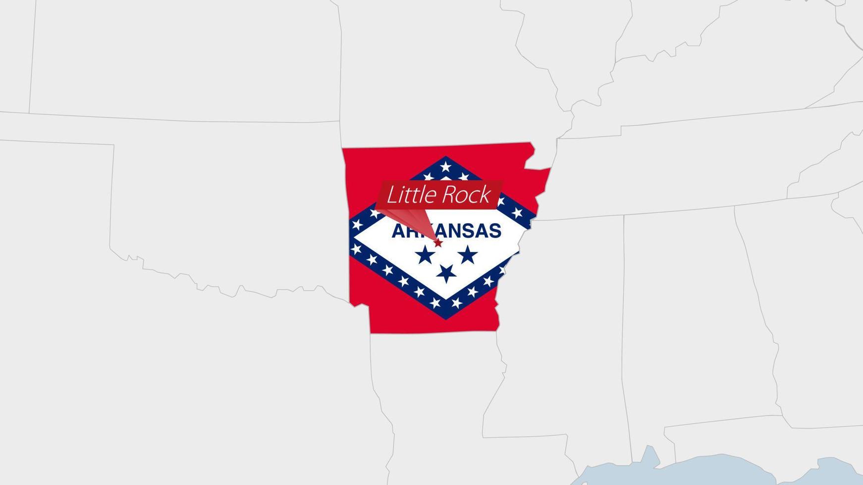 oss stat Arkansas Karta markerad i Arkansas flagga färger och stift av Land huvudstad fågel Fenix. vektor