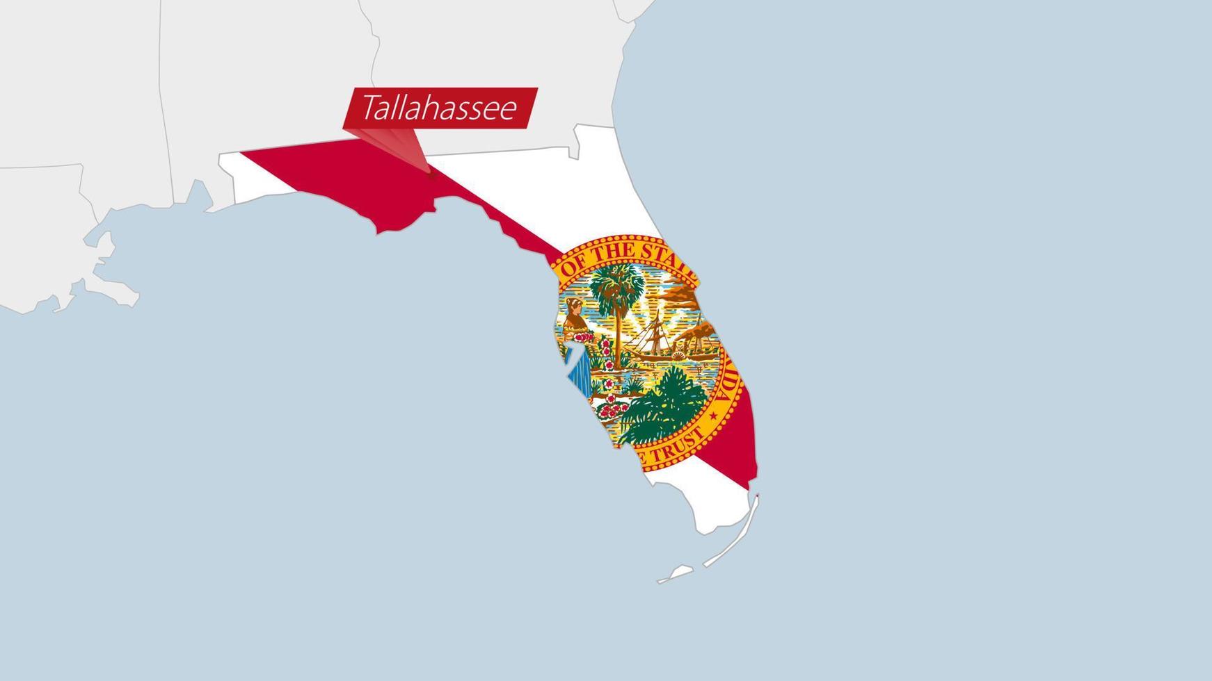 uns Zustand Florida Karte hervorgehoben im Florida Flagge Farben und Stift von Land Hauptstadt Talhassee. vektor