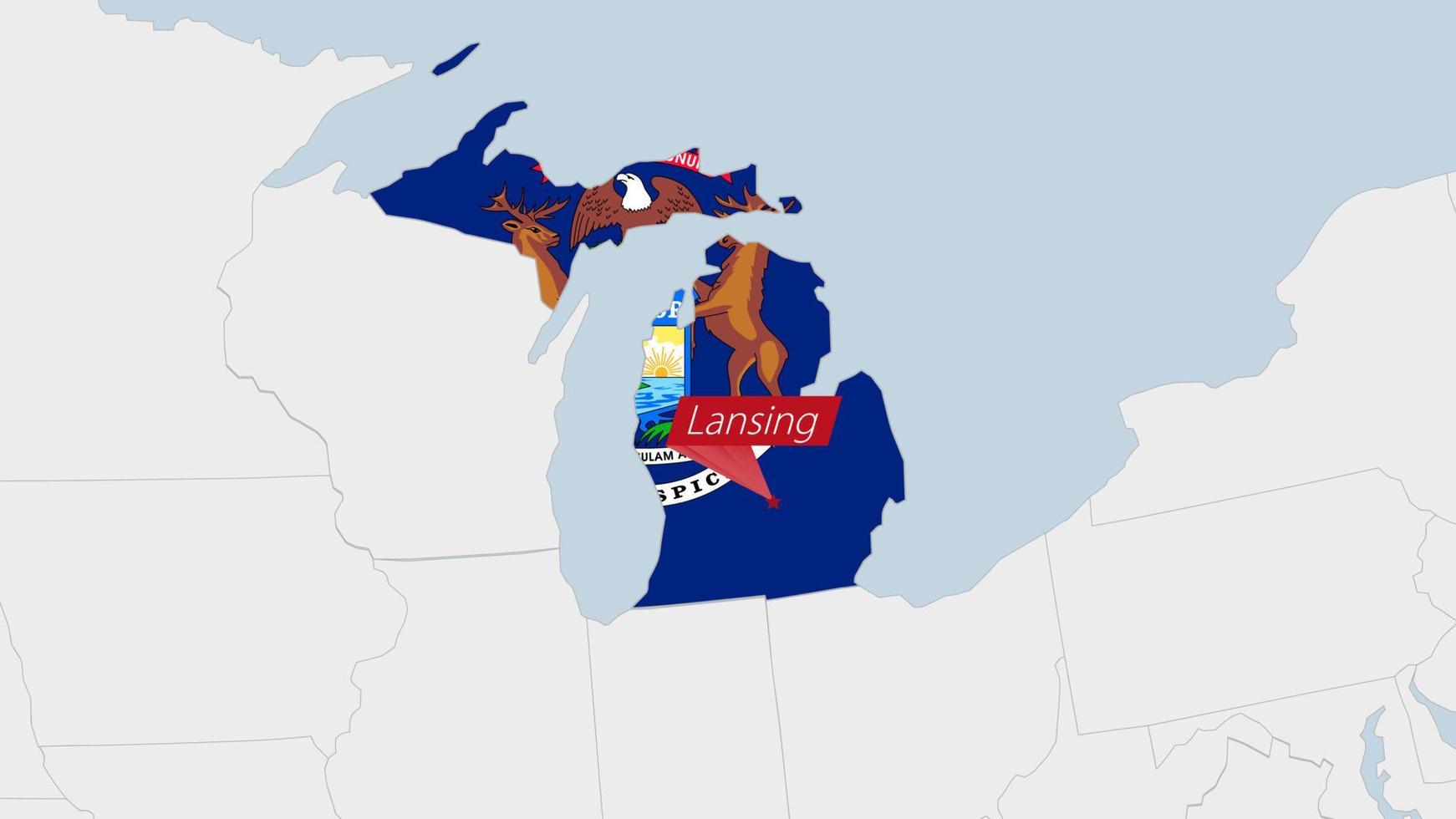 oss stat Michigan Karta markerad i Michigan flagga färger och stift av Land huvudstad lansing. vektor