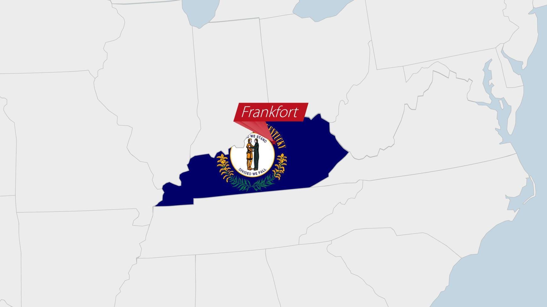 oss stat kentucky Karta markerad i kentucky flagga färger och stift av Land huvudstad frankfort. vektor