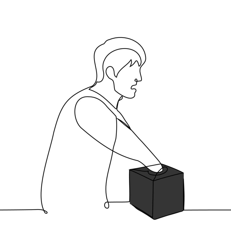Mann mit ein Emotion von Angst oder der Ekel stellen seine Hand in ein klein schwarz Box mit ein eng Öffnung - - einer Linie Zeichnung Vektor. Konzept Spiel wo Sie haben zu vermuten das Inhalt von das Box ohne suchen vektor