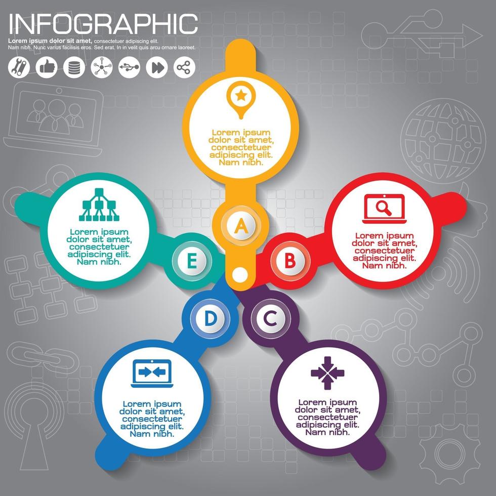 Geschäftskonzept mit 5 Optionen, Teilen, Schritten oder Prozessen. Kann für Workflow-Layout, Diagramm, Nummernoptionen und Webdesign verwendet werden. vektor