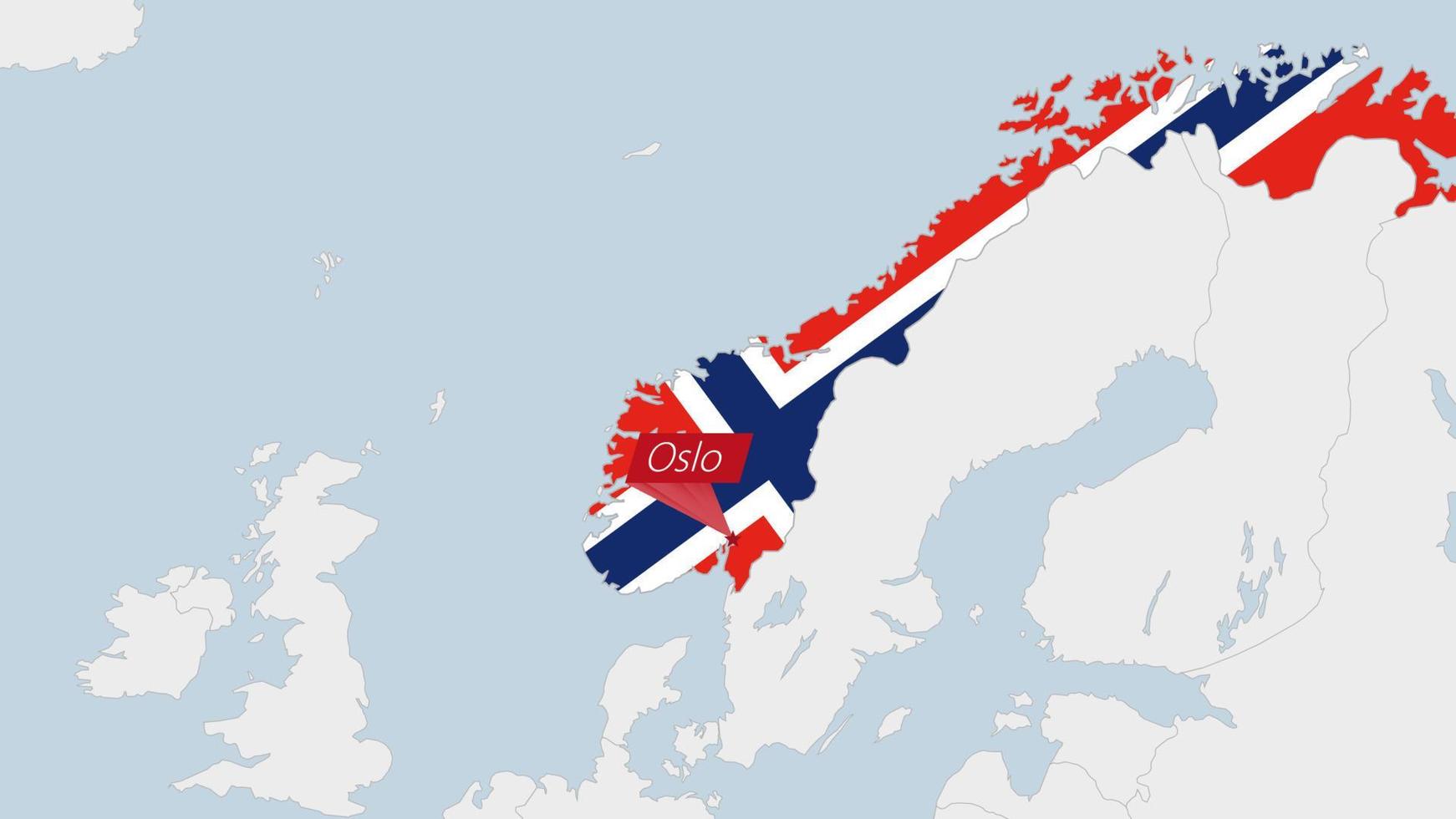 Norge Karta markerad i Norge flagga färger och stift av Land huvudstad oslo. vektor
