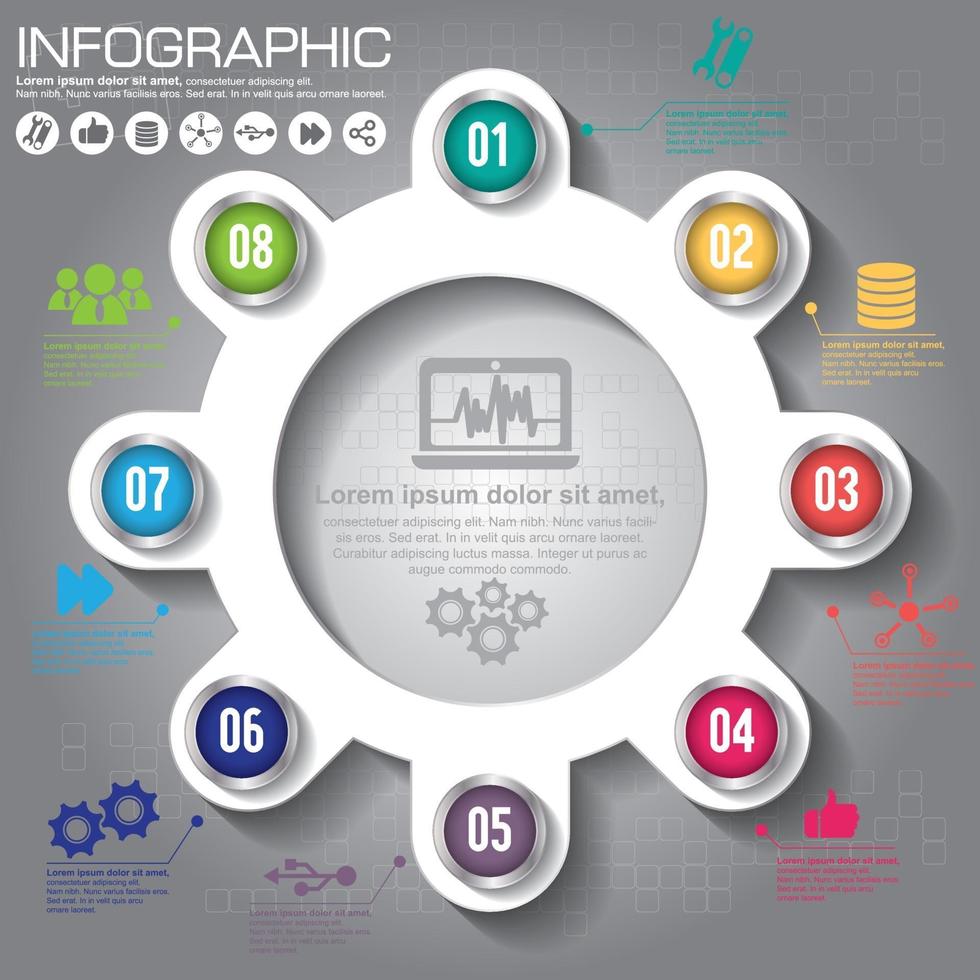 Infografik Designvorlage und Geschäftskonzept mit 8 Optionen, Teilen, Schritten oder Prozessen. Kann für Workflow-Layout, Diagramm, Nummernoptionen und Webdesign verwendet werden. vektor