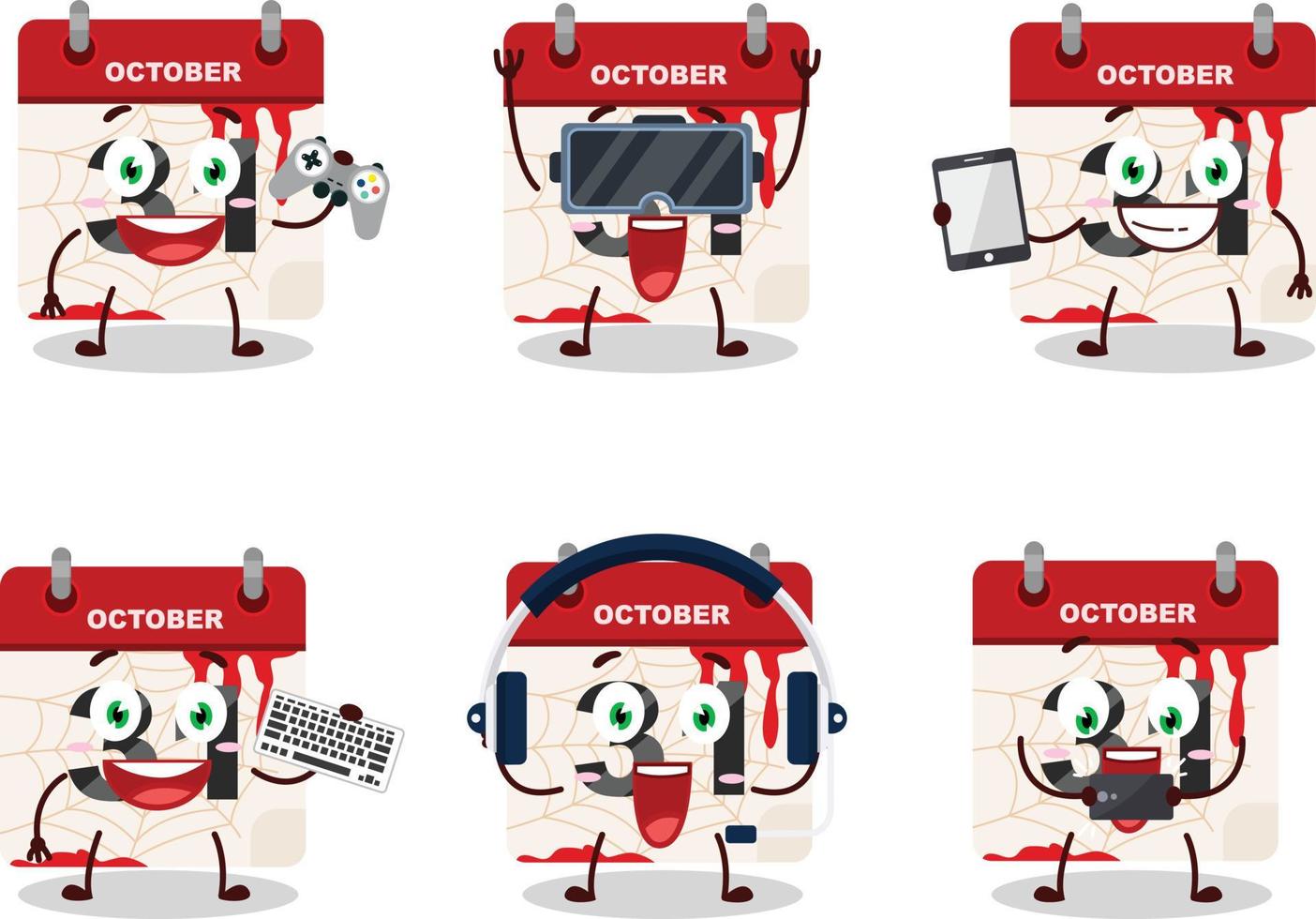 halloween kalender tecknad serie karaktär är spelar spel med olika söt uttryckssymboler vektor