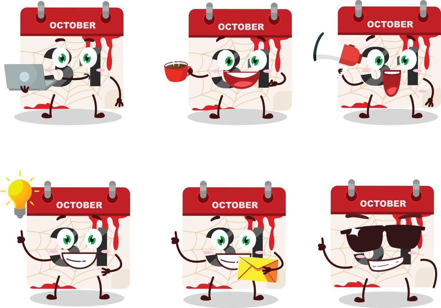 halloween kalender tecknad serie karaktär med olika typer av företag uttryckssymboler vektor