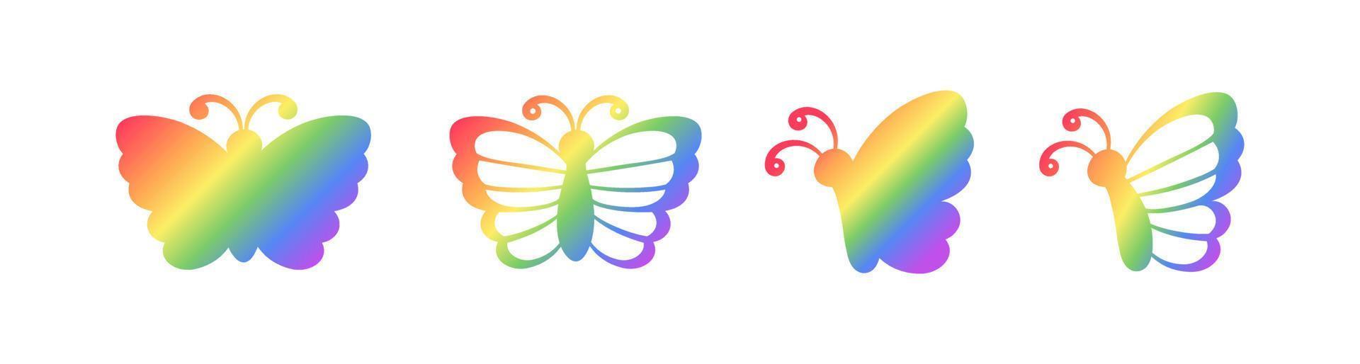 süß Regenbogen Schmetterling Symbol Silhouette Satz. Frühling Sommer- Stolz Monat Design Element. vektor