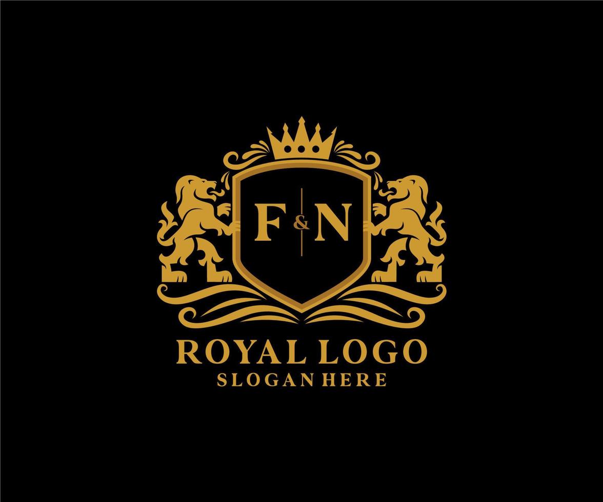 första fn brev lejon kunglig lyx logotyp mall i vektor konst för restaurang, kungligheter, boutique, Kafé, hotell, heraldisk, Smycken, mode och Övrig vektor illustration.