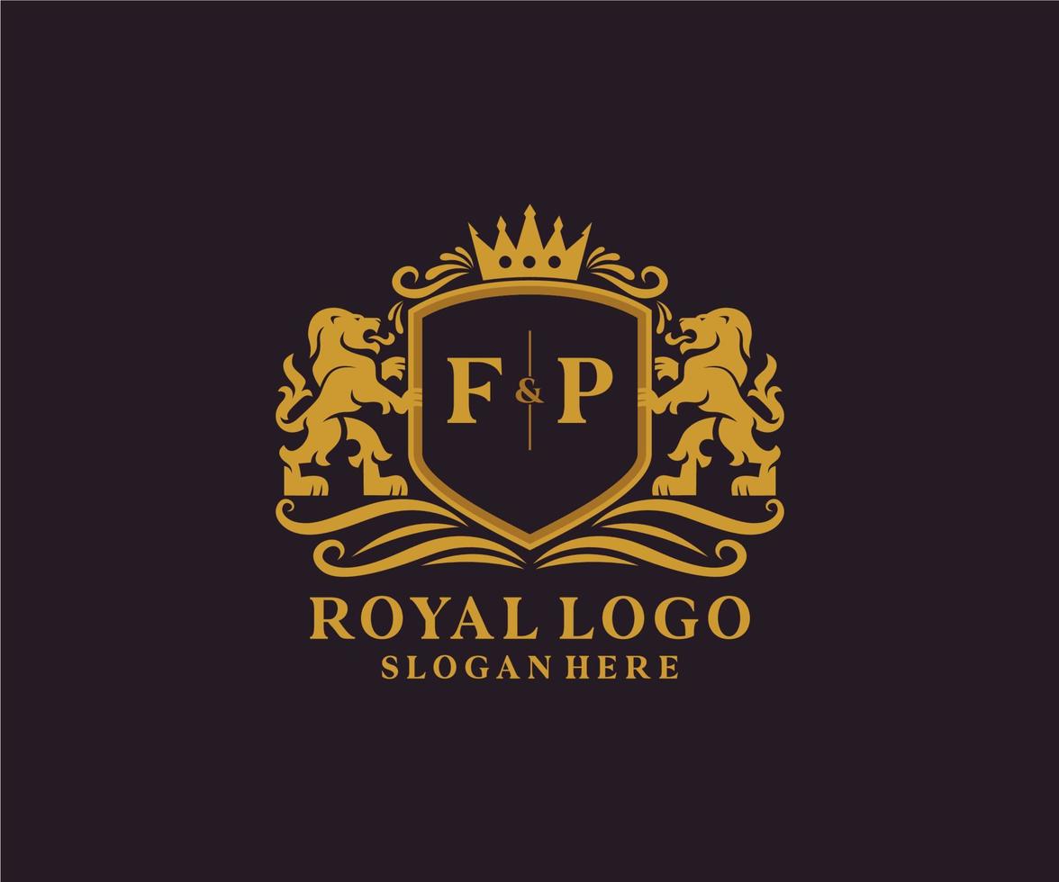 första fp brev lejon kunglig lyx logotyp mall i vektor konst för restaurang, kungligheter, boutique, Kafé, hotell, heraldisk, Smycken, mode och Övrig vektor illustration.