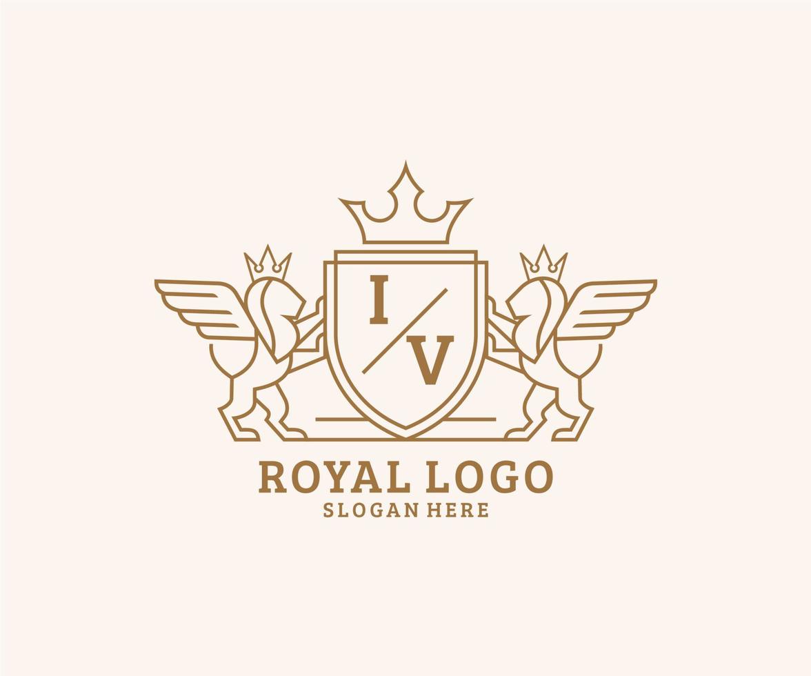 första iv brev lejon kunglig lyx heraldisk, vapen logotyp mall i vektor konst för restaurang, kungligheter, boutique, Kafé, hotell, heraldisk, Smycken, mode och Övrig vektor illustration.