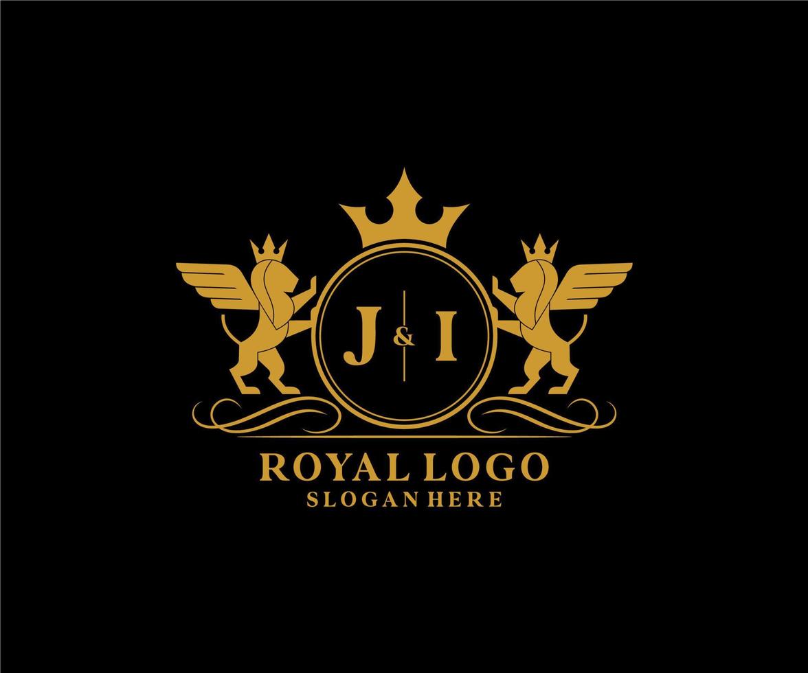 första ji brev lejon kunglig lyx heraldisk, vapen logotyp mall i vektor konst för restaurang, kungligheter, boutique, Kafé, hotell, heraldisk, Smycken, mode och Övrig vektor illustration.