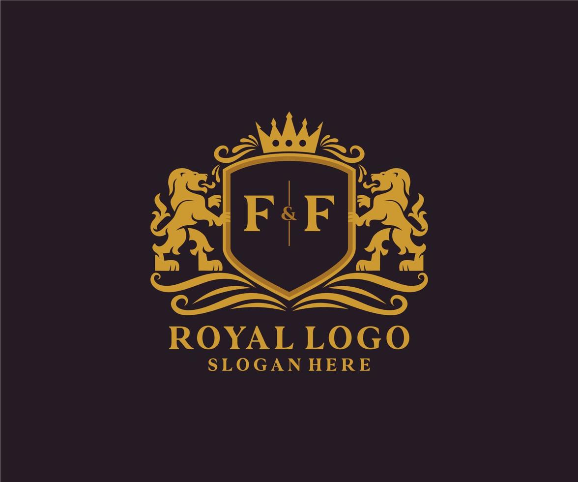 första ff brev lejon kunglig lyx logotyp mall i vektor konst för restaurang, kungligheter, boutique, Kafé, hotell, heraldisk, Smycken, mode och Övrig vektor illustration.