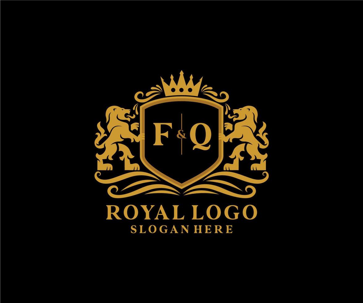 första fq brev lejon kunglig lyx logotyp mall i vektor konst för restaurang, kungligheter, boutique, Kafé, hotell, heraldisk, Smycken, mode och Övrig vektor illustration.