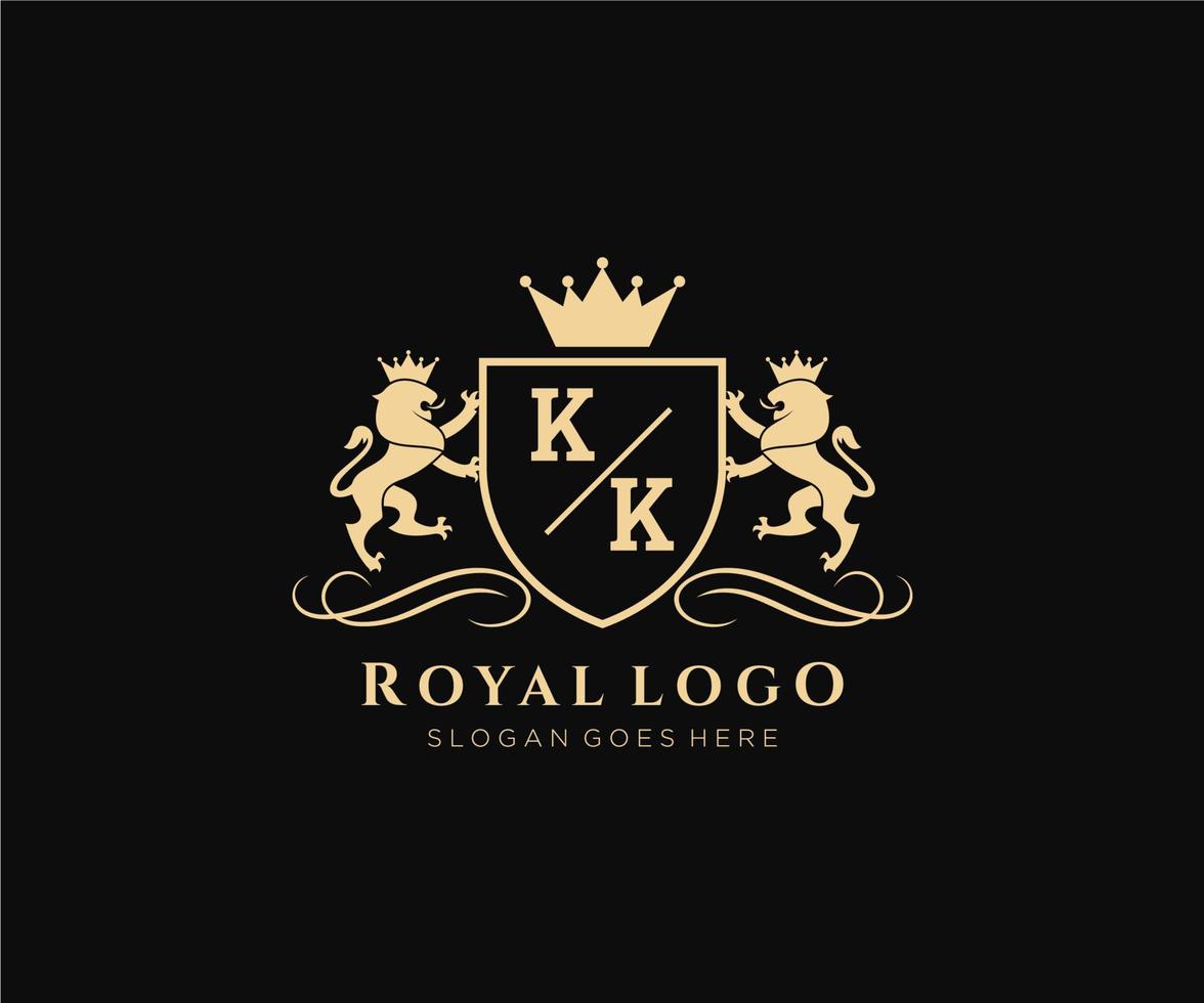 första kk brev lejon kunglig lyx heraldisk, vapen logotyp mall i vektor konst för restaurang, kungligheter, boutique, Kafé, hotell, heraldisk, Smycken, mode och Övrig vektor illustration.