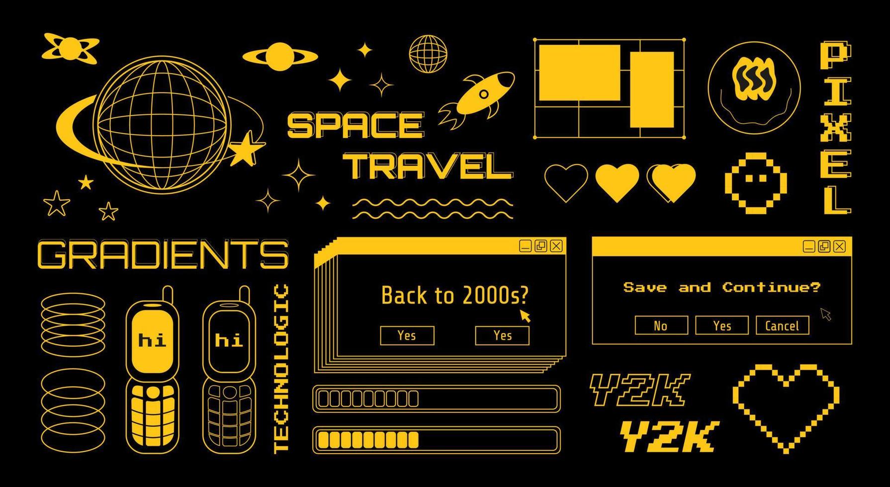 y2k uppsättning av grafisk dator och teknologisk element, orange vektor illustrationer på en svart bakgrund.