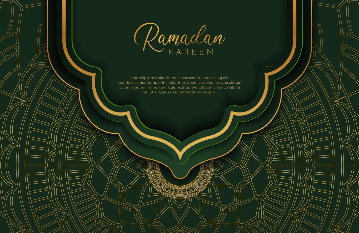 ramadan kareem bakgrund i lyxig stil. vektorillustration av mörkgrön arabisk design med guldlinje mandala prydnad för islamiska helgmånaderna. vektor