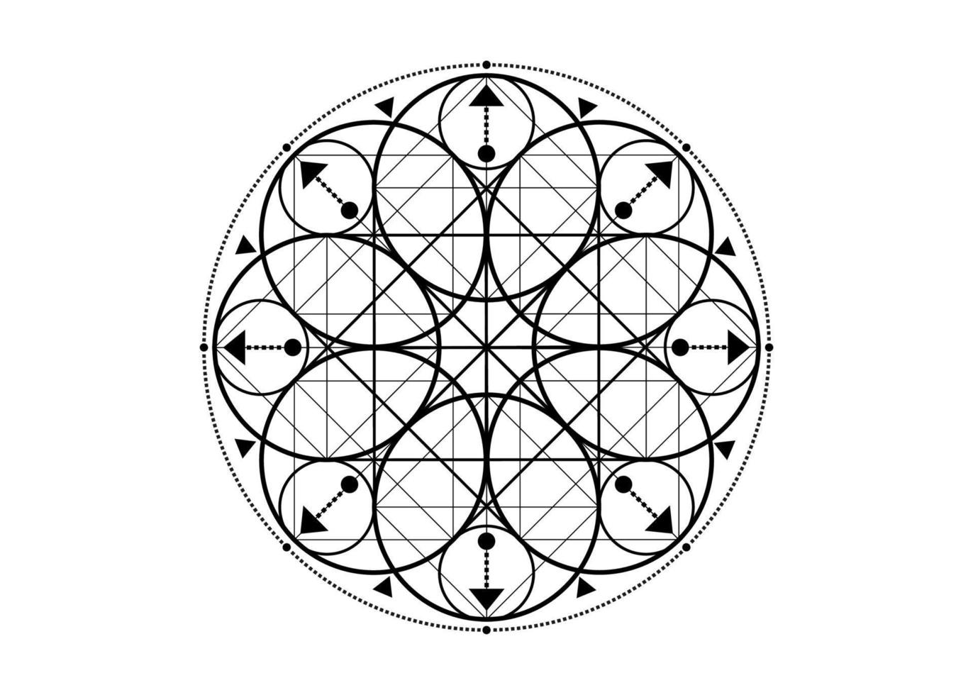 heilig Geometrie Symbol. Logo Symbol geometrisch Mystiker Mandala von Alchimie esoterisch Blume von Leben. mystisch Pfeile von Reichtum, schwarz Vektor tätowieren göttlich meditativ Amulett isoliert auf Weiß Hintergrund