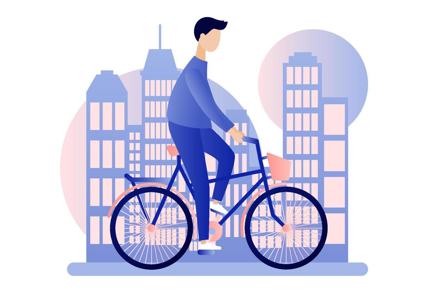 Fahrrad Vermietung. Hintergrund das Stadt mit Wolkenkratzer. eben Karikatur Stil. Vektor Illustration