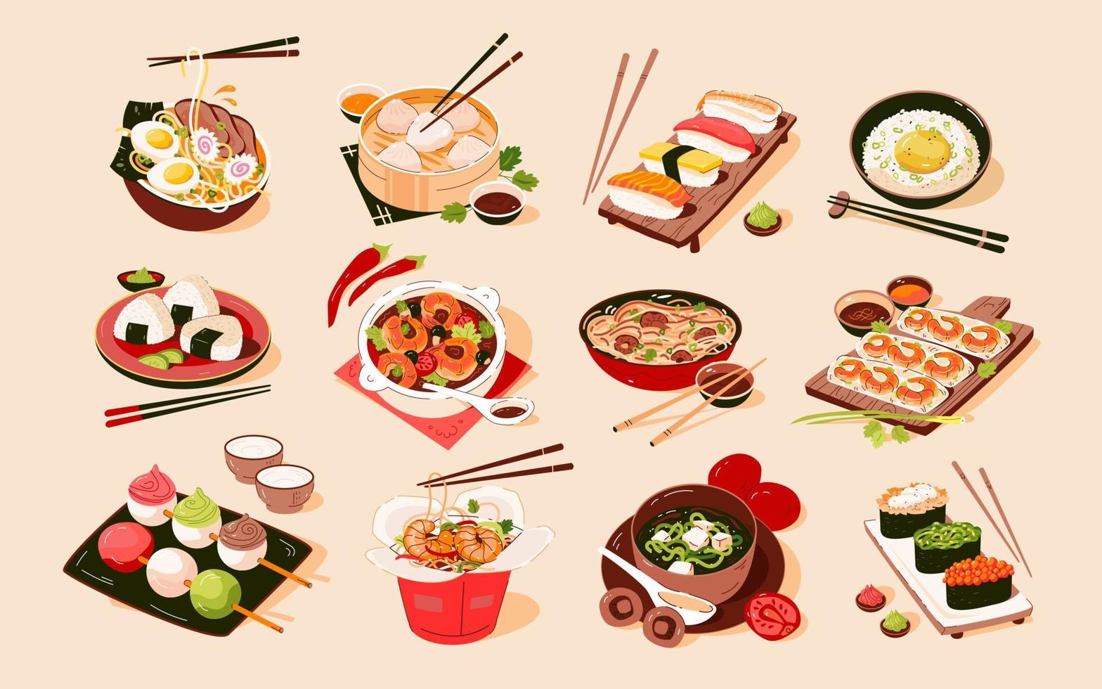 asiatisk mat uppsättning. asiatisk kök med olika maträtter. vektor platt illustration