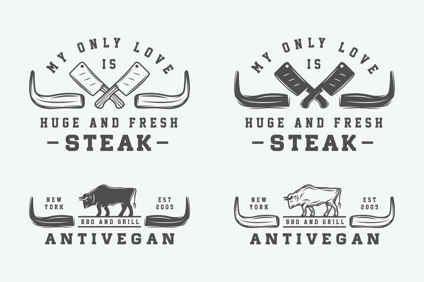 satz von vintage-metzgfleisch, steak- oder bbq-logos, emblemen, abzeichen, etiketten. monochrome Grafik. Vektor-Illustration. vektor